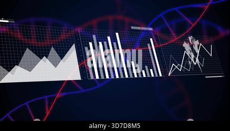 Affichage de trois panneaux avec des graphiques de zone, de barre, de ligne sur le tableau de bord de marine, montrant l'hélice d'ADN rouge bleu. Génomique, visualisation, analyse, biotechnologie, néon, Banque D'Images