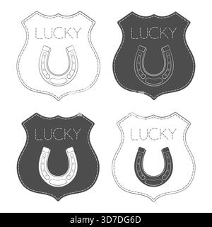 Ensemble d'illustrations en noir et blanc avec l'emblème du fer à cheval et l'inscription 'Lucky'. Objets vectoriels isolés sur fond blanc. Illustration de Vecteur