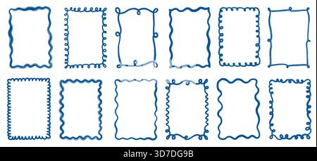 Cadres vectoriels ondulés bleus et bordures pour les conceptions d'été, bordures courbes de ligne de doodle pour le menu côtier et de plage, affiche, graphiques de mariage Illustration de Vecteur