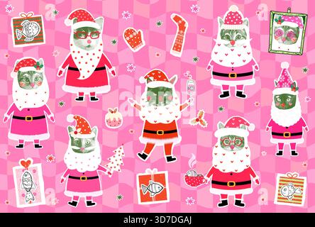 Drôle groovy Santa Claus vecteur chats illustration collage demi-ton, conception graphique de Noël Illustration de Vecteur
