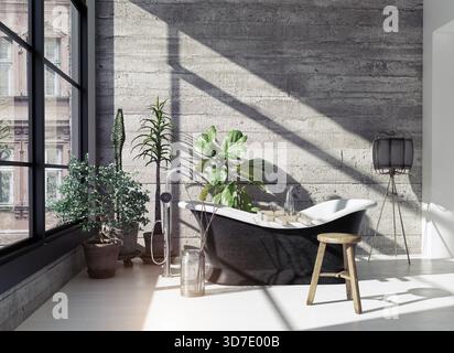 Salle de bains loft moderne de l'intérieur. Mur de verre concept 3d Banque D'Images