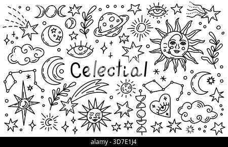 Ensemble de doodle céleste fantaisiste mettant en vedette des étoiles, des lunes, du soleil, des constellations, des planètes et des symboles mystiques dans une ligne noire ludique dessinée à la main Illustration de Vecteur