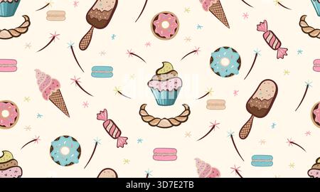 Motif vectoriel d'aquarelle doux avec des beignets, des gâteaux de tasse et de la crème glacée. Illustration de Vecteur