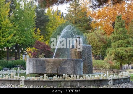 Arbre à feuillage d'automne coloré entourant une fontaine d'eau en pierre à Nami Island Park en Corée du Sud Banque D'Images