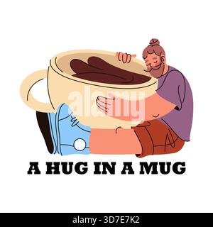 Tasse à café serrée par le barista. Affiche de coffeeshop de vecteur avec slogan. Enseigne de marque et de marketing pour café ou bistrot, à emporter en magasin. Publicité de boisson énergétique de caféine, phrase de lettrage. Boisson, boisson. Illustration de Vecteur