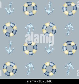Fond gris avec bouées de sauvetage, ancres bleues et étoile de mer beige crée cette illustration aquarelle et motif sans couture dessiné à la main pour les vêtements, la papeterie, l'emballage et la conception de surface nautique Banque D'Images