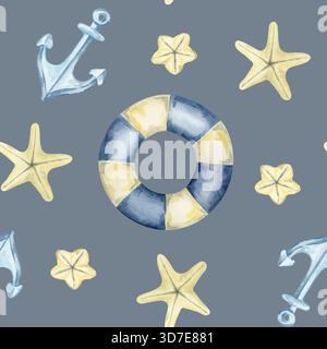 Bouées de sauvetage, ancres bleues et étoiles de mer brillantes sur gris forment cette illustration aquarelle et motif sans couture dessiné à la main adapté aux surfaces textiles, papier d'emballage, marque côtière Banque D'Images