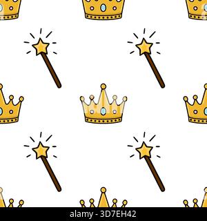 Motif vectoriel fantaisiste avec des couronnes dorées et des baguettes magiques étincelantes sur un fond blanc, créant un thème ludique et enchanteur. Illustration de Vecteur