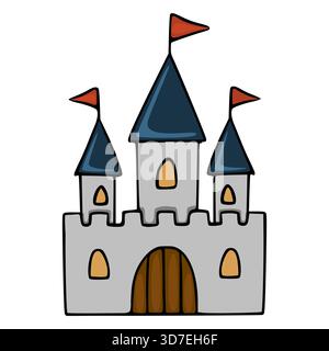 Une charmante illustration vectorielle simplifiée d'un château de conte de fées avec trois tourelles, chacune surmontée d'un drapeau rouge et d'un toit bleu foncé, arquée Illustration de Vecteur