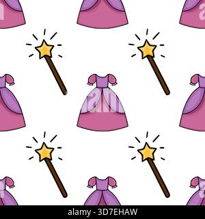 Charmant modèle vectoriel sans couture avec des robes de princesse fantaisistes et des baguettes magiques étincelantes sur un fond blanc propre. Illustration de Vecteur