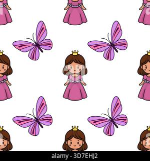 Modèle vectoriel sans couture avec des princesses mignonnes dans des robes roses et des papillons violets et roses vibrants sur un fond blanc. Illustration de Vecteur