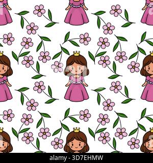 Adorable motif vectoriel avec une princesse mignonne dans une robe rose ornée d'une couronne dorée, entourée de délicates fleurs roses et de feuilles vertes Illustration de Vecteur