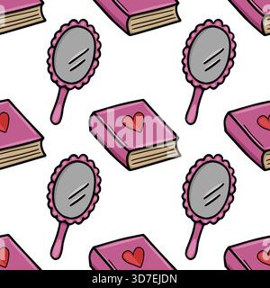Modèle vectoriel sans couture avec des livres roses avec des coeurs rouges et des miroirs à main ornés avec des bords festonnés roses. Illustration de Vecteur