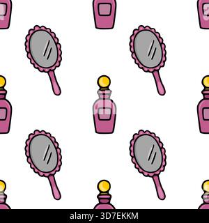 Charmant motif vectoriel avec des miroirs à main vintage et des bouteilles de parfum dans des tons roses et gris doux, parfait pour les designs sur le thème de la beauté. Illustration de Vecteur