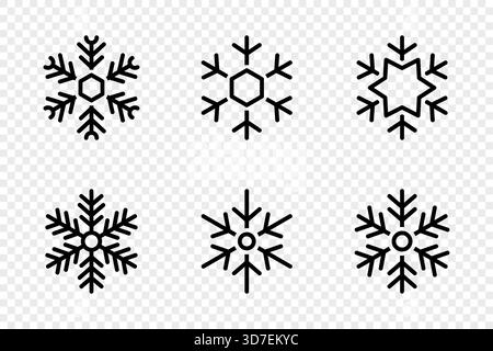 Six flocons de neige noirs sur fond transparent. Illustrations vectorielles d'hiver minimales pour les projets de conception de vacances festives Illustration de Vecteur