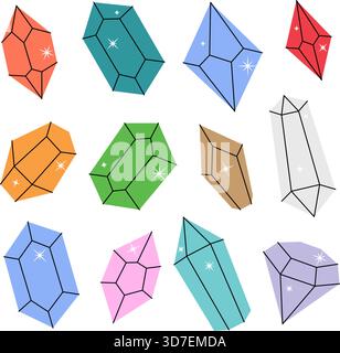 Cristaux. Gemmes de différentes formes. Pierres précieuses, améthyste, rubis, saphir, émeraude, topaze et quartz. Illustration de Vecteur