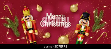 Bannière de Noël festive avec des jouets casse-noisette, des branches de pin et des ornements de Noël. Illustration vectorielle réaliste dans le style 3D. Illustration de Vecteur