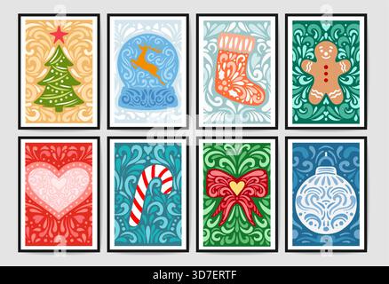 Modèles d'ensemble d'illustration vectorielle de bannières joyeux noël. Cartes de vacances d'entreprise joyeuses et lumineuses. Cartes créatives abstraites universelles. Illustration de Vecteur