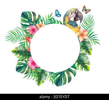 Illustration aquarelle de perroquets tropicaux colorés parmi des feuilles de palmier luxuriantes et des fleurs exotiques. Œuvres d'art de la jungle peintes à la main idéales pour les impressions textiles, Banque D'Images