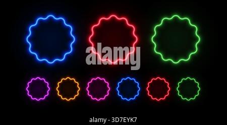 Autocollant étoile néon avec effet brillant. Badge de forme Starburst parfait pour les promotions de vente, les étiquettes de réduction et les étiquettes de prix sur les fonds sombres. Illustration de Vecteur