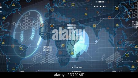 Affichage d'une carte du monde numérique se concentrant sur l'Afrique de l'est avec anneau radar, nœuds de grille hexagonale sur la console Banque D'Images