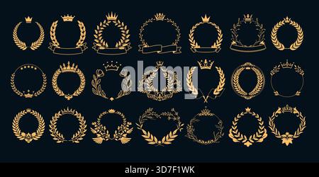 Couronne avec emblème de couronne. Badge, icône du prix champion avec couronne de laurier. Logo Gold Achievement avec ruban premium pour le gagnant et le trophée Illustration de Vecteur