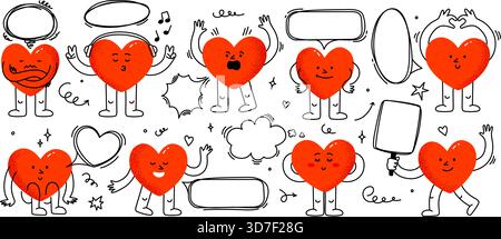 Montures Doodle avec mascotte de coeur. Personnages de coeur de dessin animé avec bulle de parole, symboles d'amour dessinés à la main et boîtes de message, mascottes de cœurs mignons avec Illustration de Vecteur
