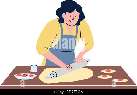Une femme déploie de la pâte sur une table Illustration de Vecteur
