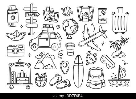 Jeu d'icônes de doodle dessiné à la main de voyage. Avion et valise pour voyage, croquis de vacances de vol. Passeport et appareil photo, globe et boussole vacances d'été Illustration de Vecteur