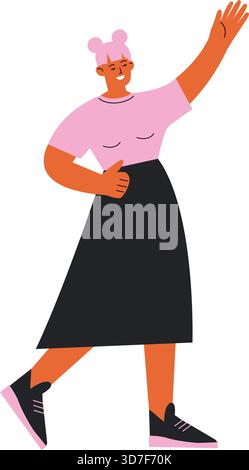Une femme dans une chemise rose et une jupe noire agite Illustration de Vecteur