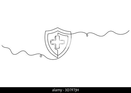 Dessin en ligne continue d'une croix médicale à l'intérieur du blindage Illustration de Vecteur