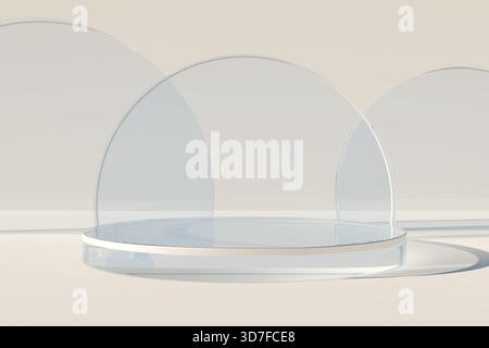 Podiums en verre clair affichés dans un environnement simple et moderne avec des ombres douces. rendu 3d. Banque D'Images