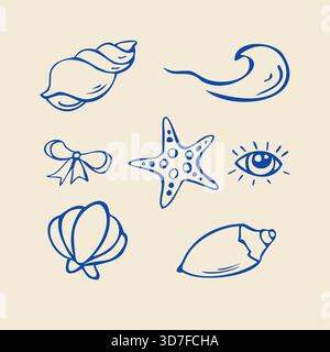 Ensemble de coquillages de mer doodles bleu sur fond beige Illustration de Vecteur