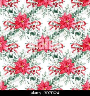Motif sans couture des fêtes avec poinsettias lumineux, branches d'eucalyptus douces et accents rouges. Idéal pour les emballages de Noël, scrapbooking, impressions en tissu Banque D'Images