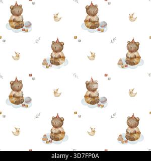 Motif mignon ours en peluche canard assis sur le nuage avec jouets cubes boule pyramidale. Illustration d'aquarelle dessinée à la main dans un style vintage enfantin. Sans couture Banque D'Images