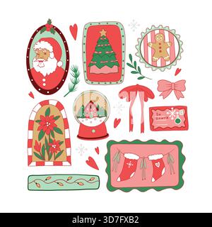 Encadrer les éléments vectoriels de Noël avec les cadeaux d'arbre du Père Noël bas noeuds et décorations ensemble Illustration de Vecteur