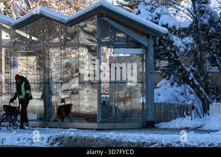 Une personne qui utilise un marcheur attend près d'un abri d'autobus en verre dans un quartier résidentiel enneigé pendant l'hiver avec des arbres couverts de neige et un trottoir. Calgary Banque D'Images