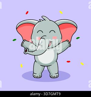 Mignon bébé éléphant Happy Gesture célébrant illustration vectorielle dessin animé Kawaii Illustration de Vecteur