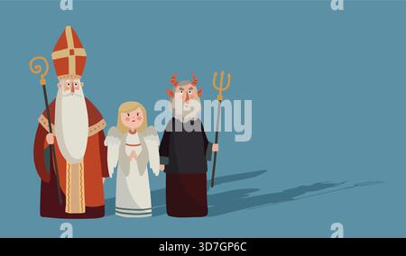 Mignonne main dessinée Saint Nicolas, ange, diable. Carte de voeux de Nicholas Day, invitation. Fond de saison d'hiver. Mikulas tchèques, Sinterklaas hollandais Illustration de Vecteur