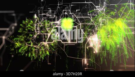 Lettres ai brillantes rayonnant le contour de néon dans l'espace de données sombre, avec des rafales vertes et des nœuds filaires Banque D'Images
