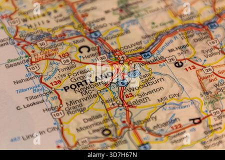 Portland, Oregon, États-Unis sur une carte routière Banque D'Images