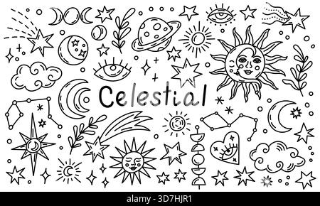 Ensemble de doodle céleste fantaisiste mettant en vedette des étoiles, des lunes, du soleil, des constellations, des planètes et des symboles mystiques dans une ligne noire ludique dessinée à la main Illustration de Vecteur