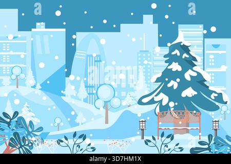 Parc extérieur en hiver avec fond de bâtiment et neige. Illustration de Vecteur