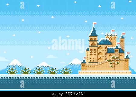 Château de chevalier sur fond de nature hivernale dans le style pixel de jeu. Illustration de Vecteur