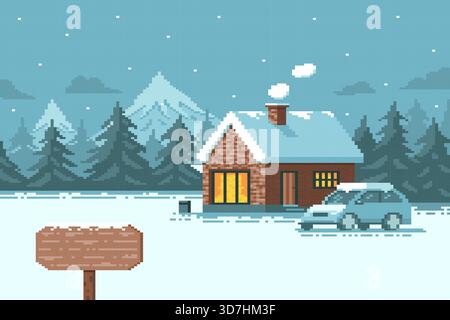 Maisons en briques et voitures couvertes de neige en hiver la nuit avec panneau de village en bois. Illustration de Vecteur