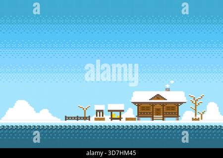 Maison en bois avec puits ancien sur fond de ciel bleu dans le jeu de pixels. Illustration de Vecteur