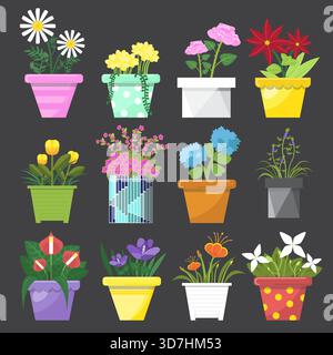 Collection de fleurs colorées dans des pots sur fond noir. Illustration de Vecteur