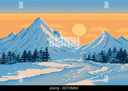 Scène de montagne, rivière, pins avec la lumière du soleil en hiver, style Pixel. Illustration de Vecteur