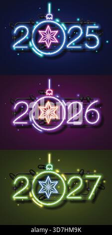2025, 2026, 2027. Icône de néon brillant sur fond sombre Illustration de Vecteur