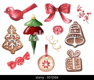 Ensemble de biscuits de Noël, décorations, jouets et bonbons. Aquarelle dessinée à la main isolée sur fond blanc. Pour scrapbooking, textile, web, design Banque D'Images